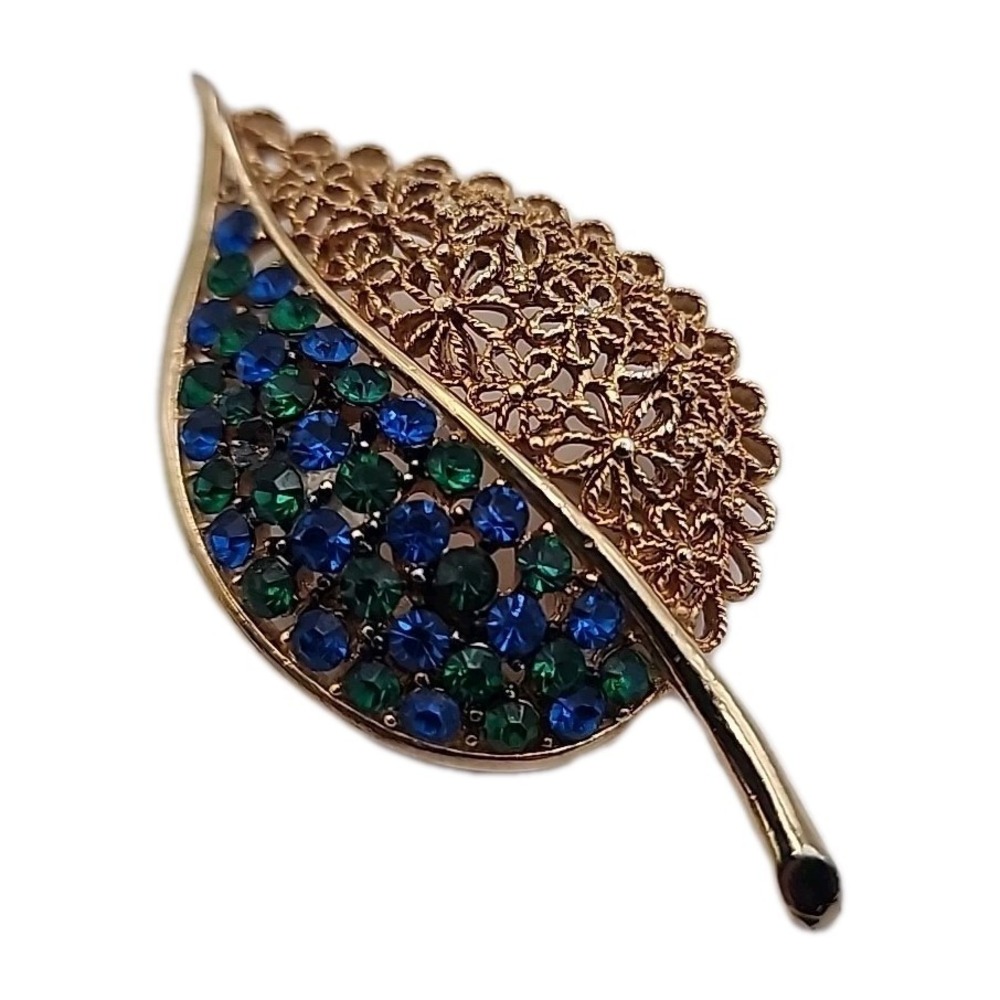 Vintage Karu Leaf Floral Peacock Blue Green Rhinestone Signed Retro Brooch READ
